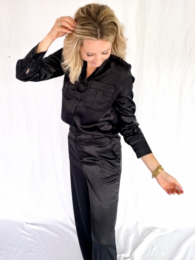 Satin high waist pants black