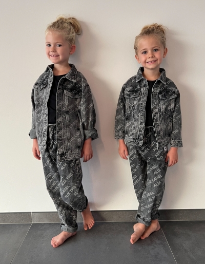 kids woven text denim jacket washed dark gre