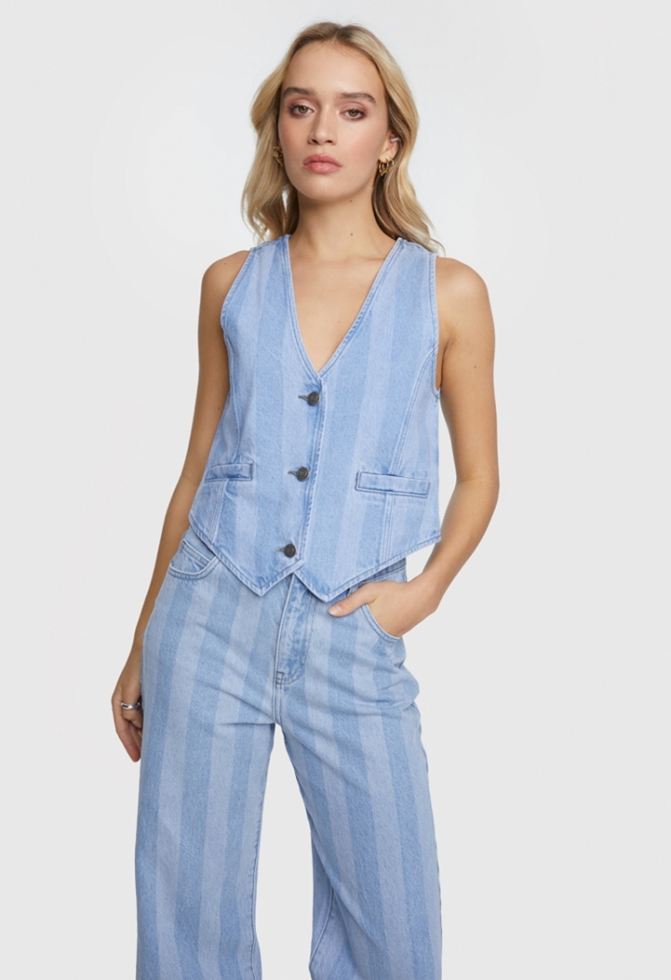 Woven Stripe Denim Waistcoat denim blue